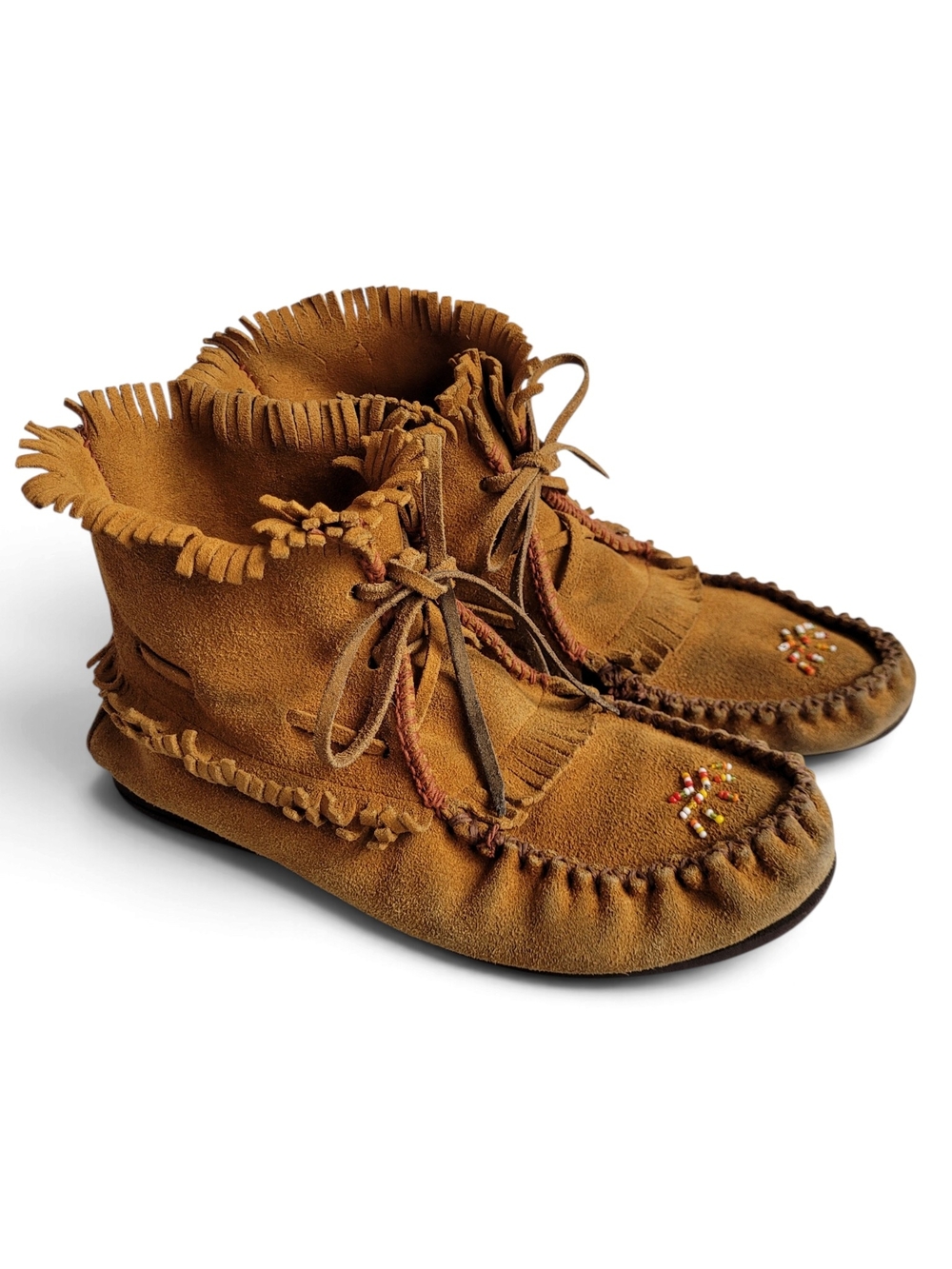 Vintage Beaded Moccasin Booties with Fringe Tan Suede Size 8